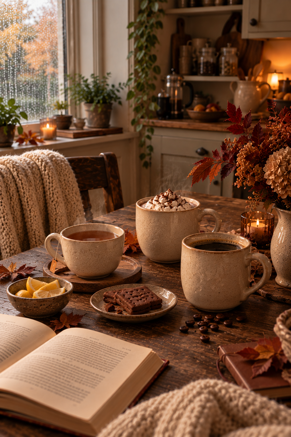 Vertical autumn kitchen scene featuring three matching cream coloured ceramic mugs filled with tea, coffee and hot chocolate, surrounded by lemon pieces, Bourbon biscuits, coffee beans, an open book and a soft cream knitted blanket.
