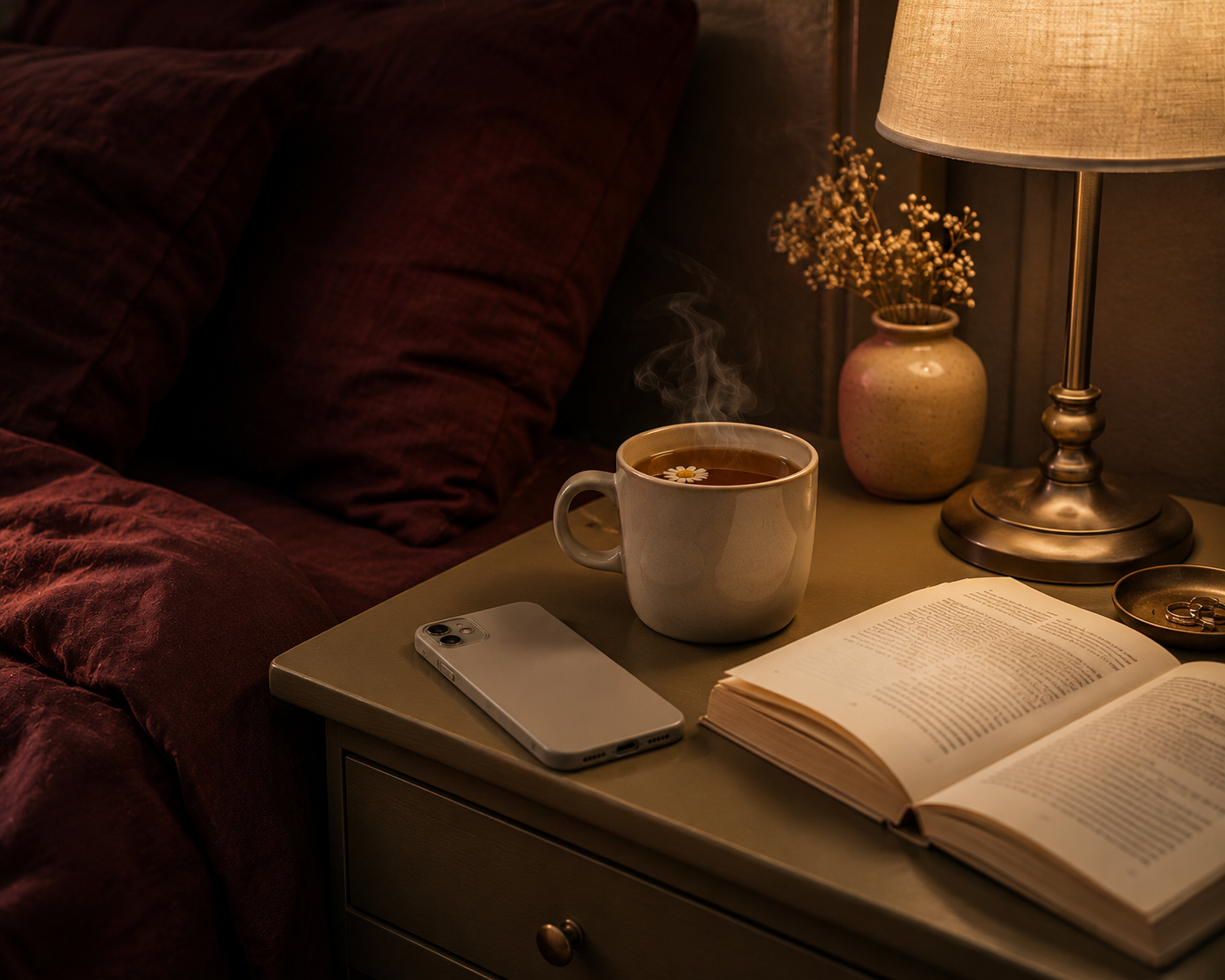 Khaki bedside table with a light grey smartphone placed face down beside a steaming white mug of chamomile tea, an open book and a warm bedside lamp, complemented by soft burgundy linen bedding to create a peaceful luxury slow living atmosphere perfect for an evening wind down.
