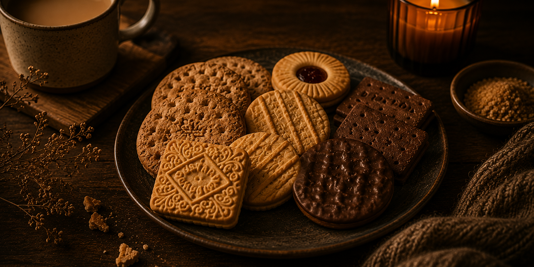 Assorted classic biscuits arranged on a rustic plate beside a tea mug and candlelight, illuminated by warm amber lighting in a cosy cinematic slow living atmosphere.