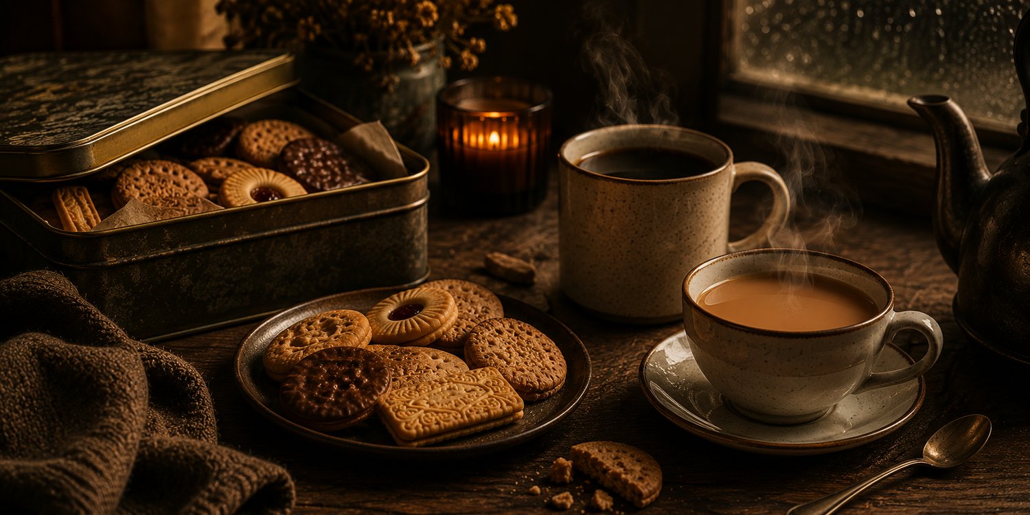 Open biscuit tin with assorted classic biscuits beside steaming tea and coffee mugs, candlelight and warm amber lighting, creating a cosy British slow living tea break atmosphere.