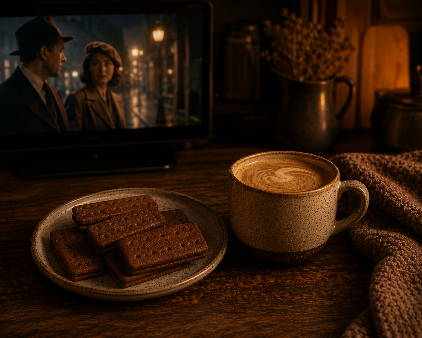 Chocolate sandwich biscuits beside a creamy caramel coffee on a wooden table, with a cosy blanket and a television displaying a vintage British inspired period drama scene, illuminated by warm amber lighting in a comforting evening coffee ritual atmosphere.