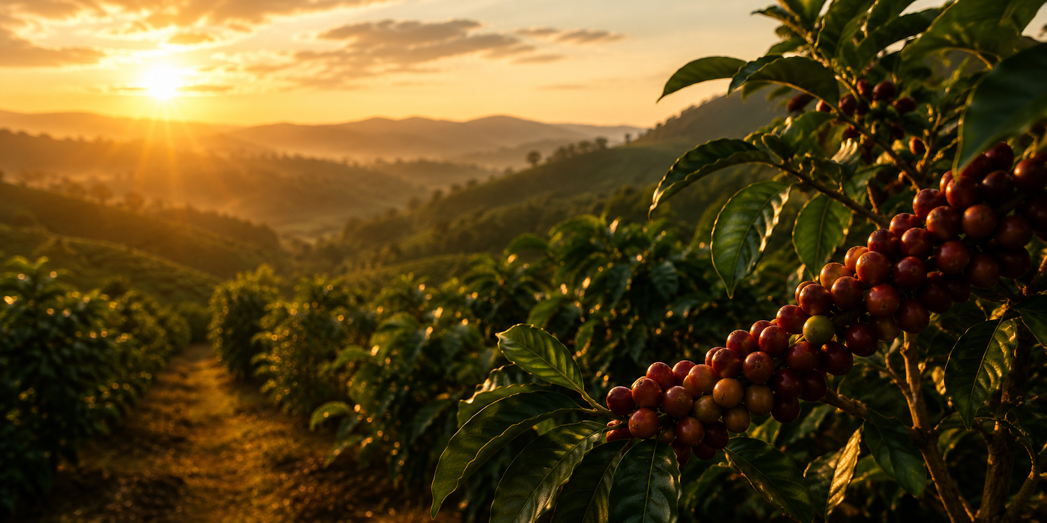 Ripe coffee cherries growing on coffee plants overlooking rolling Brazilian hills at sunrise, illuminated by golden morning light in a cinematic speciality coffee plantation landscape.