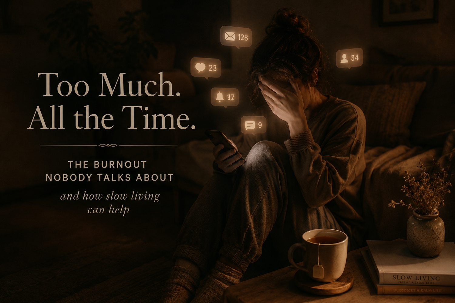 Overwhelmed person sitting in a dark room illuminated by phone notifications with untouched tea nearby, moody amber lighting and cinematic slow living burnout atmosphere.