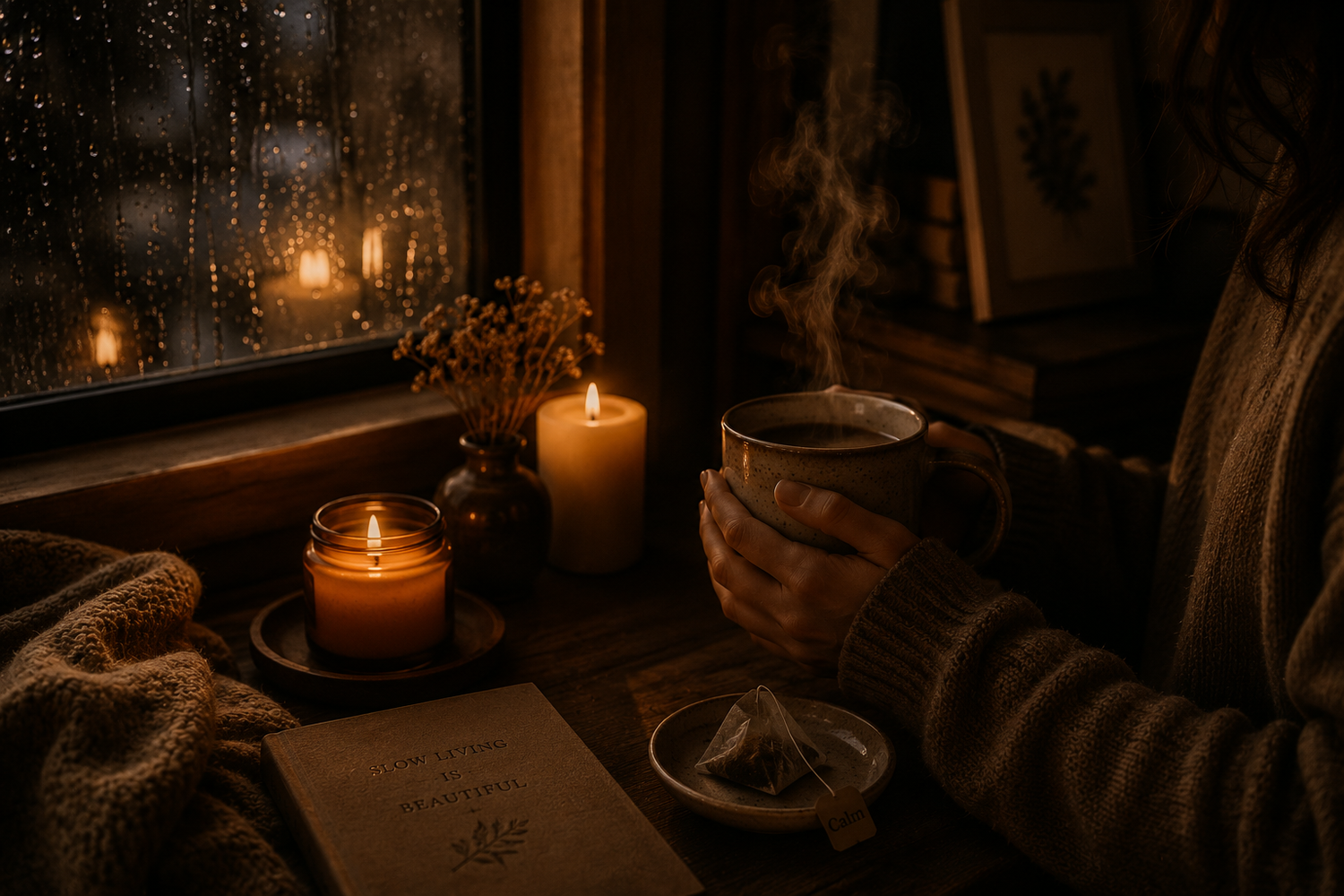 Candlelit evening tea ritual beside a rainy window with warm steam rising from a ceramic mug, deep amber shadows, cosy slow living atmosphere and peaceful night aesthetic.