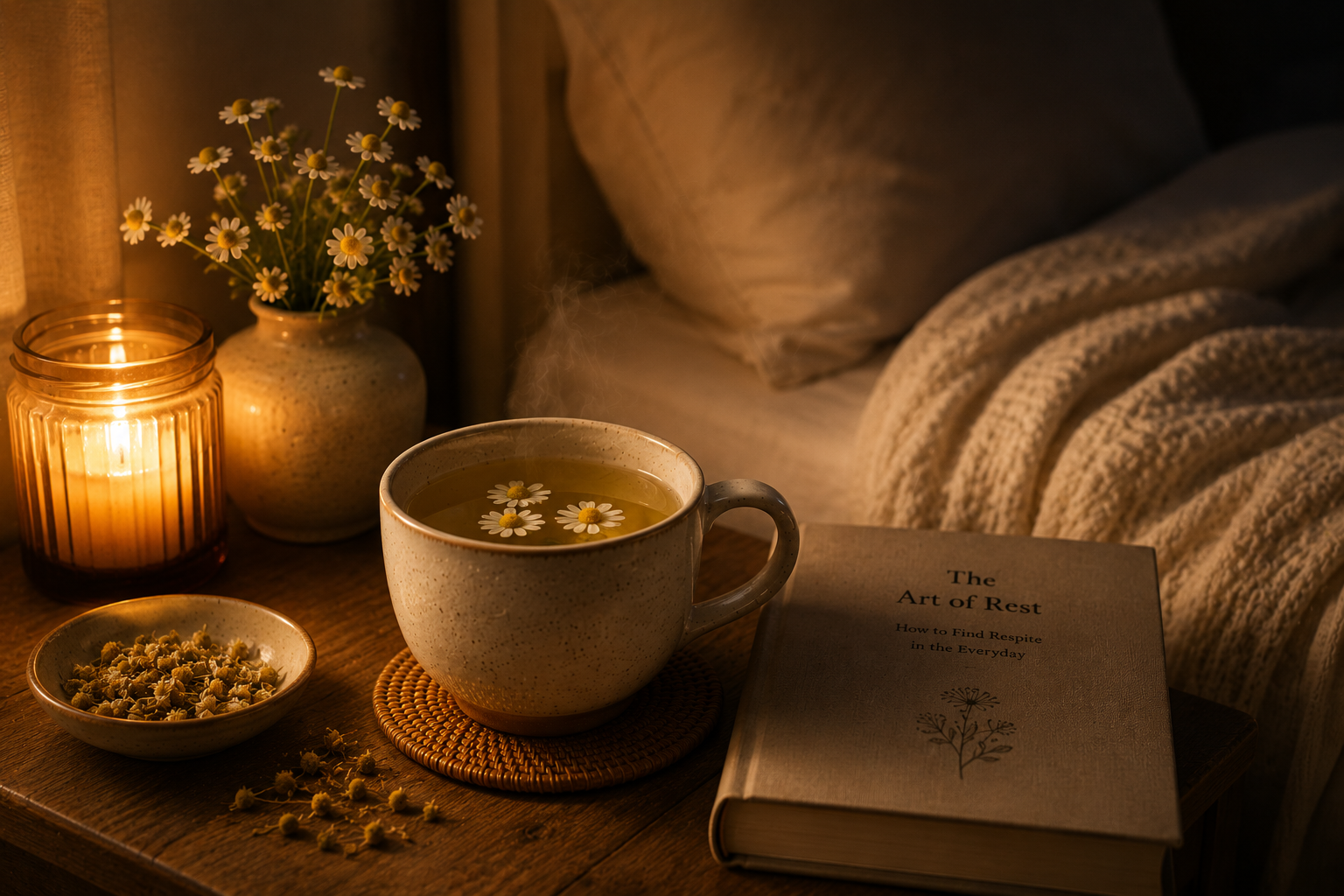 Steaming chamomile tea beside a bedside table with a soft blanket, dried chamomile flowers and warm candlelight, creating a peaceful night-time slow living atmosphere designed for relaxation and rest.
