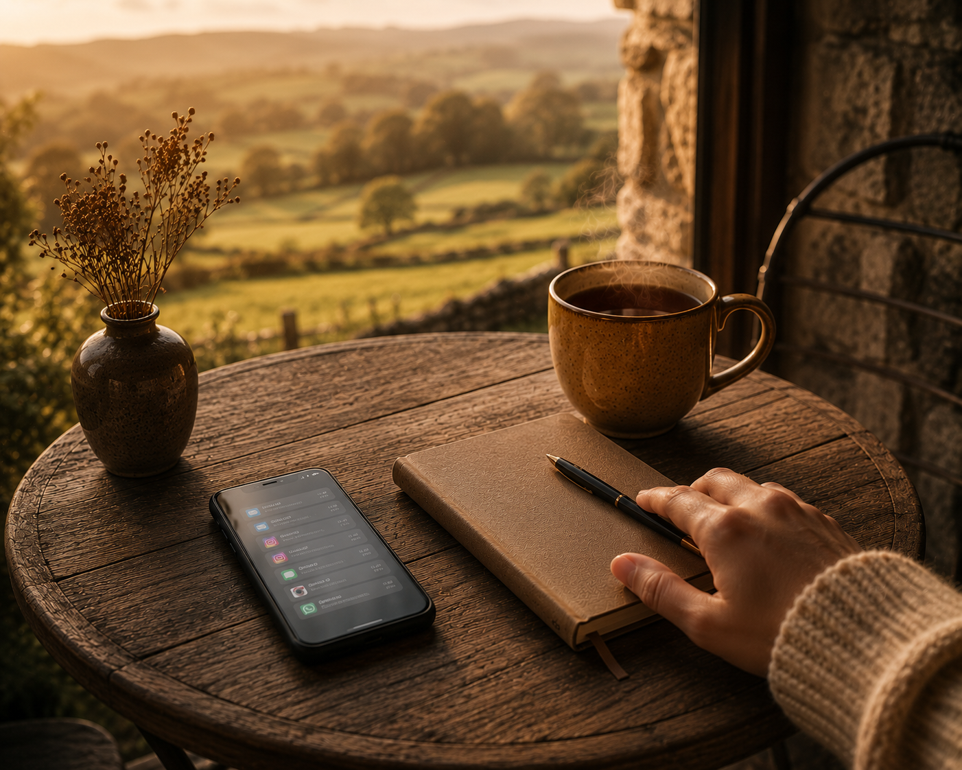 Golden ceramic mug of steaming tea, a smartphone displaying notifications, and a closed notebook with a hand reaching towards it on a rustic bistro table overlooking peaceful rolling countryside, captured in warm morning light to represent choosing mindful focus over digital distractions in the Warmery slow living aesthetic.