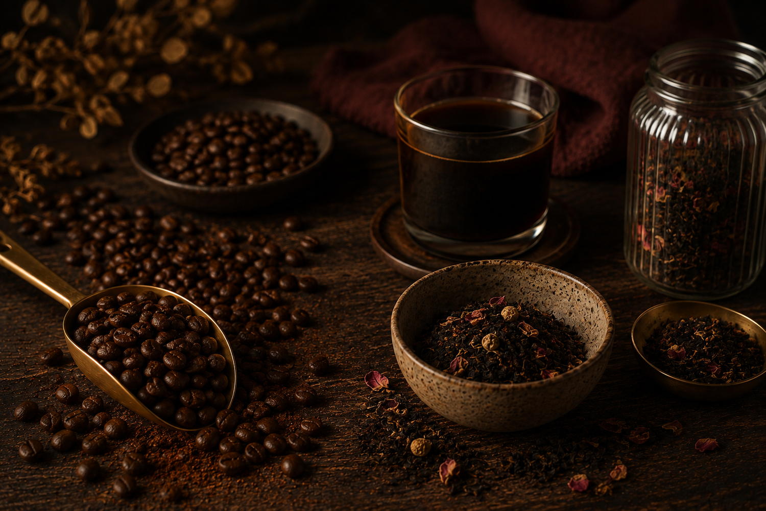 Warmery coffee and tea still life with freshly roasted coffee beans, loose leaf tea, brass scoop and warm amber lighting on a rustic wooden table.