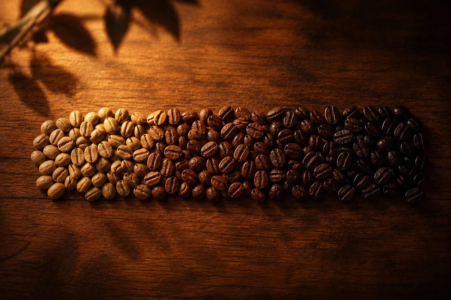 Coffee beans arranged from light roast to extra dark roast on a wooden table with warm amber lighting, showcasing roast progression in a cinematic speciality coffee atmosphere.