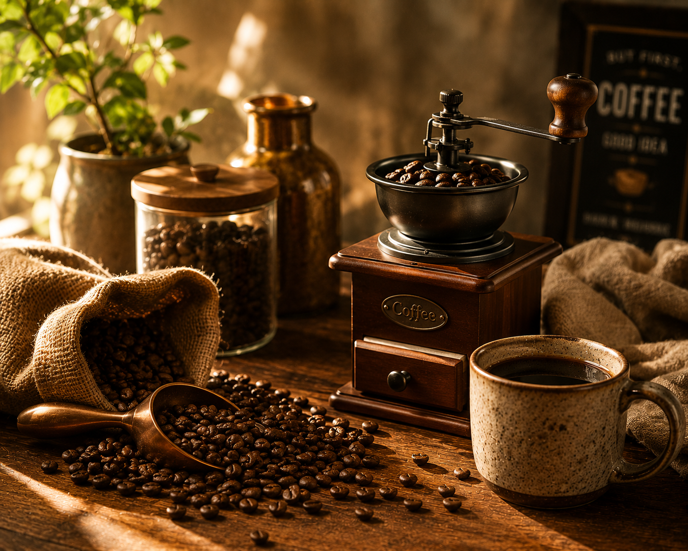 Fresh coffee beans beside a manual coffee grinder and ceramic mug on a wooden table with warm natural light, creating an artisanal cinematic slow living coffee atmosphere.