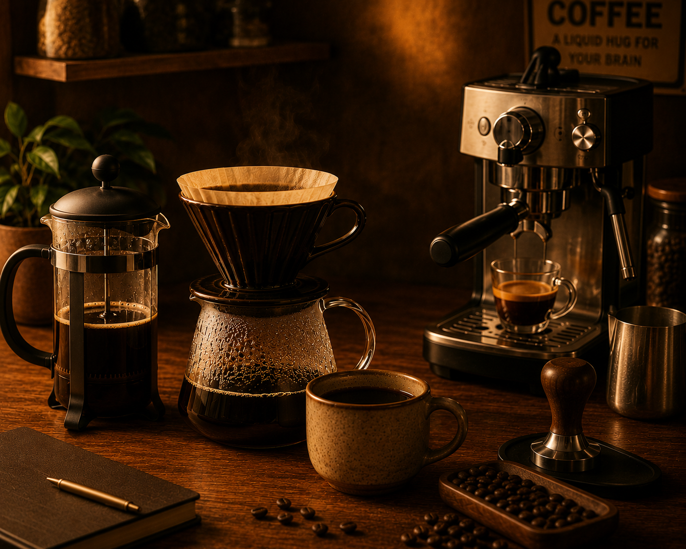 French press, pour over coffee dripper and espresso machine displayed on a wooden table with a ceramic mug, coffee beans and warm amber lighting, creating a premium speciality coffee atmosphere.