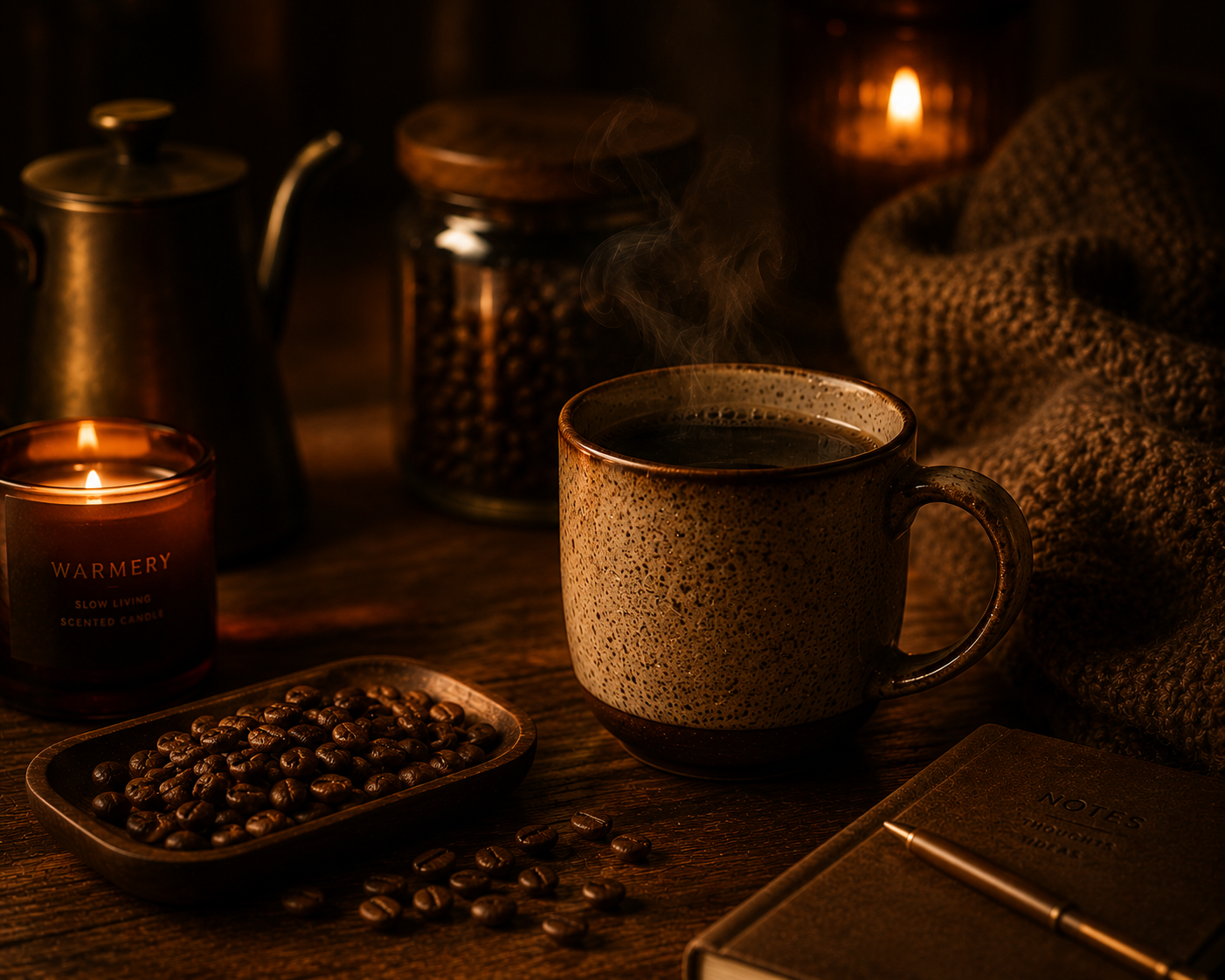 Steaming coffee in a Warmery ceramic mug beside candlelight, coffee beans and cosy textures, illuminated by rich amber lighting in a luxurious cinematic slow living coffee scene.