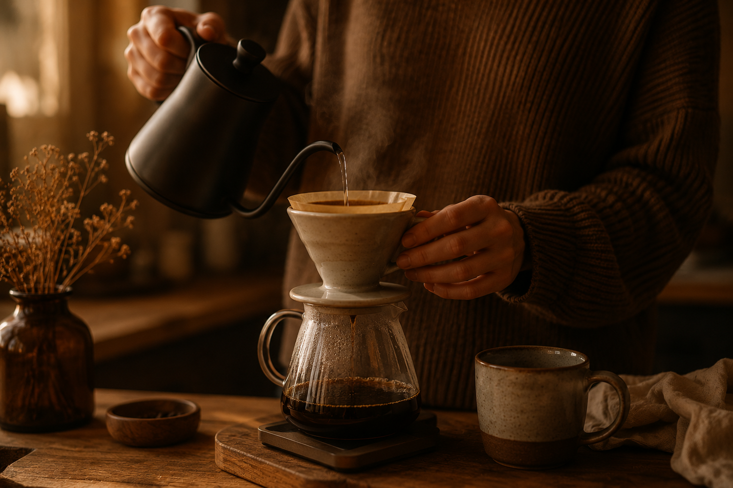 Close up of hands slowly preparing pour over coffee in warm amber kitchen lighting with cinematic steam rising, cosy slow living ritual atmosphere and peaceful morning aesthetic.