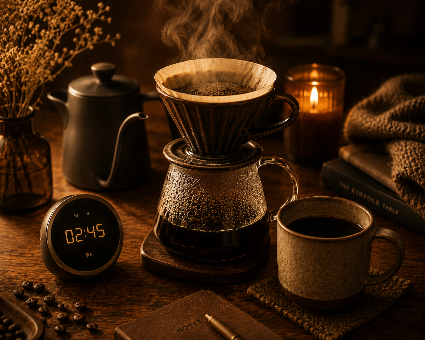Coffee timer beside a steaming pour over coffee setup with a ceramic mug, warm amber lighting and cosy slow living coffee ritual atmosphere.