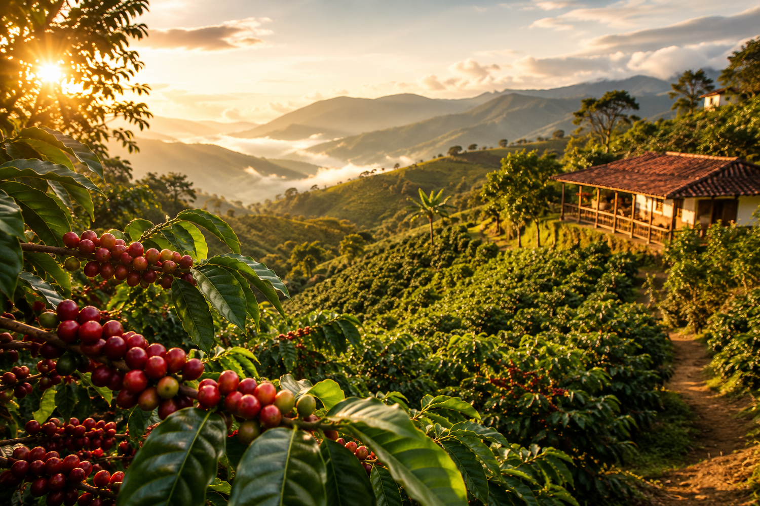 Ripe coffee cherries growing on coffee plants overlooking a sunlit Colombian mountain coffee farm, with rolling hills, misty valleys and warm golden light creating a cinematic speciality coffee landscape.