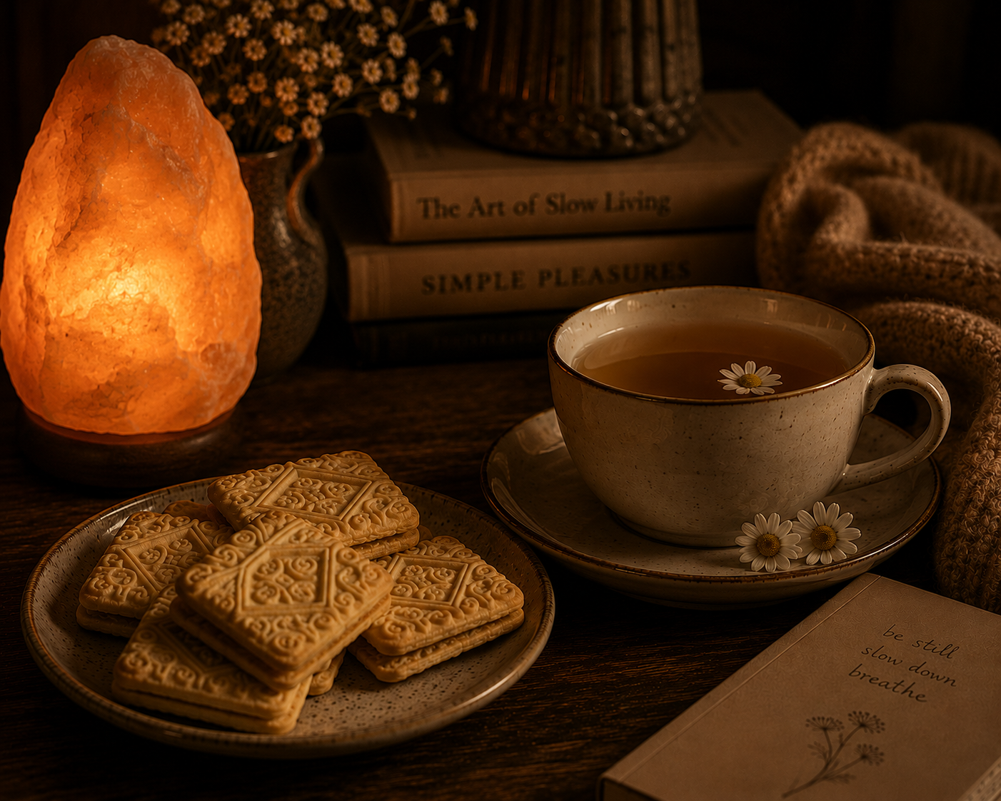 Custard cream biscuits beside a cup of chamomile tea, illuminated by the warm glow of a Himalayan salt lamp, with books, soft textiles and gentle amber lighting creating a peaceful slow living evening atmosphere.