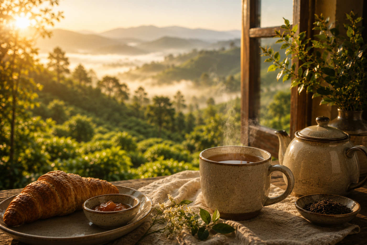 Elegant Darjeeling tea served beside a sunlit breakfast table with a ceramic mug, teapot, croissant and soft linens, overlooking misty green hills in a peaceful slow morning atmosphere.