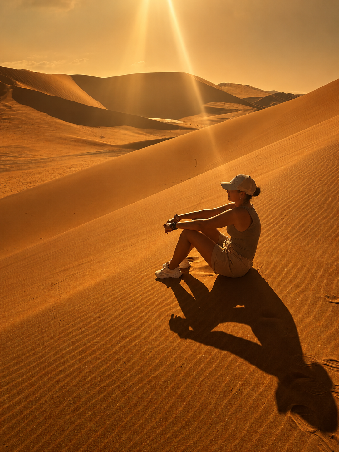 Warmery owner sitting peacefully on warm amber desert dunes beneath cinematic sunlight, creating a calm reflective atmosphere with luxurious earthy Warmery tones.