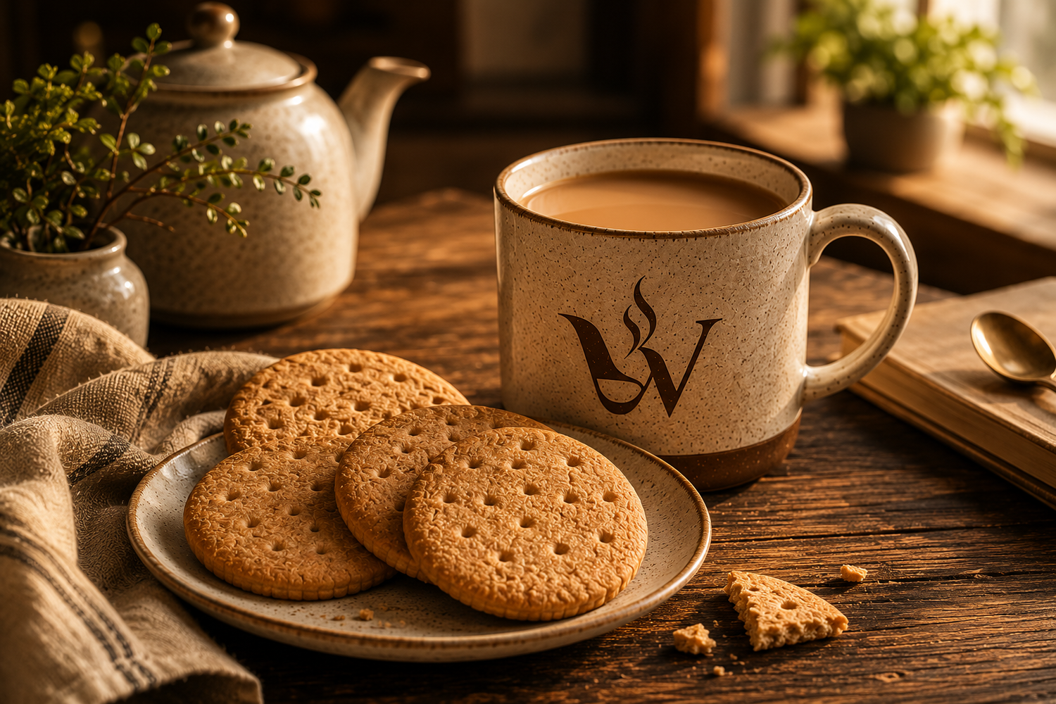 Traditional plain biscuits beside a steaming mug of English breakfast tea, with a ceramic teapot and warm morning sunlight creating a cosy British kitchen atmosphere.