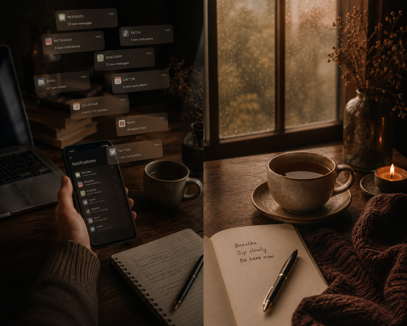 Editorial split scene contrasting digital overload with mindful relaxation. One side shows a person with no visible face holding a smartphone surrounded by multiple notification alerts, while the other features a peaceful tea ritual beside a window with a ceramic mug, notebook and fountain pen in warm amber light, illustrating the contrast between constant distractions and intentional moments of calm.