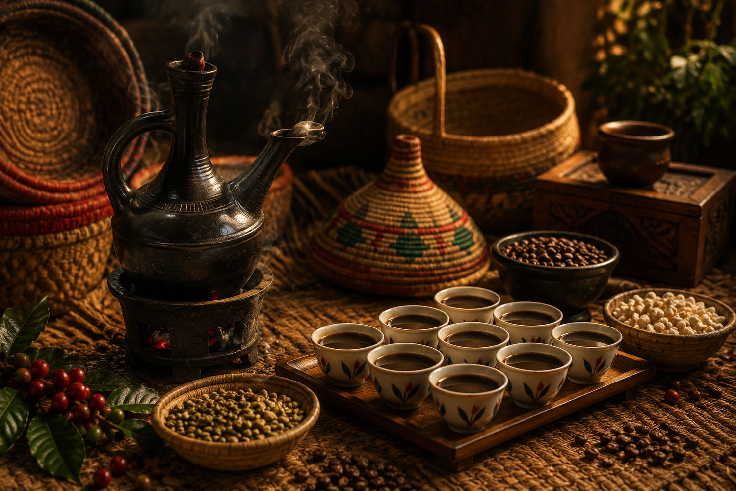 Traditional Ethiopian coffee ceremony featuring a clay coffee pot, small coffee cups, roasted and green coffee beans, woven baskets and coffee cherries, illuminated by warm atmospheric lighting in a rich speciality coffee culture setting.