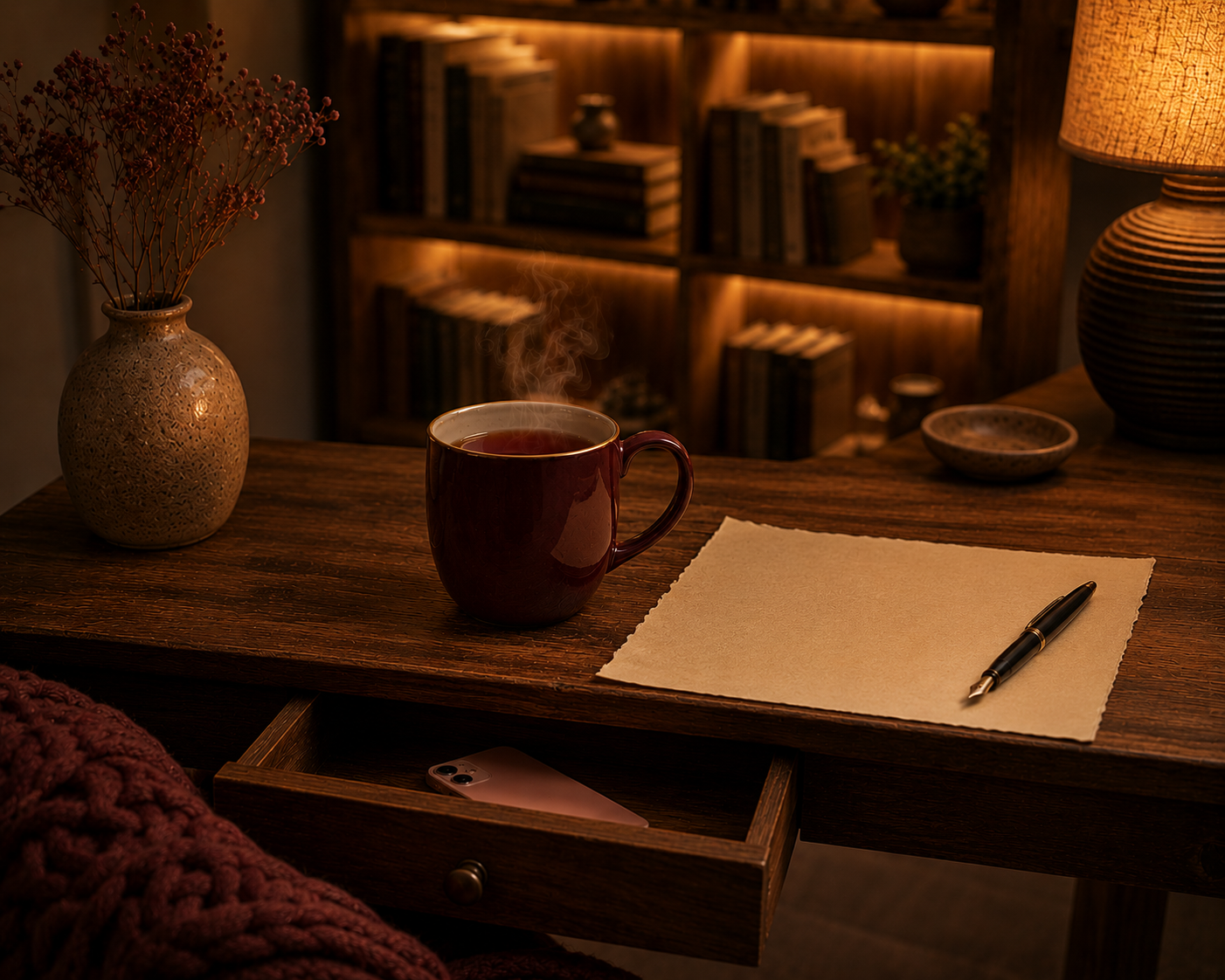 Rustic wooden writing desk featuring a steaming burgundy ceramic mug of tea, a blank sheet of handmade paper with a fountain pen, and a pink smartphone tucked away inside an open drawer, with a softly illuminated wooden bookcase creating a warm amber slow living atmosphere that encourages unplugging and quiet reflection.