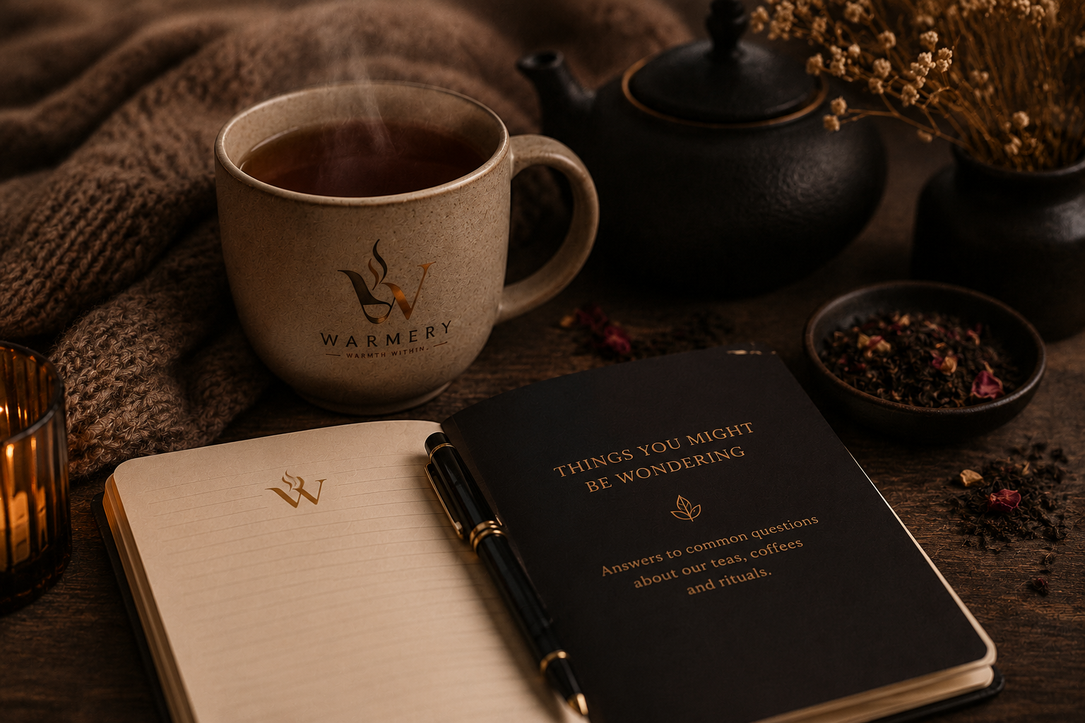Warmery tea ritual scene featuring a steaming mug of tea, open journal, fountain pen, loose leaf tea and candlelight in a cosy slow living setting, designed to answer common questions about Warmery teas, coffees and rituals.