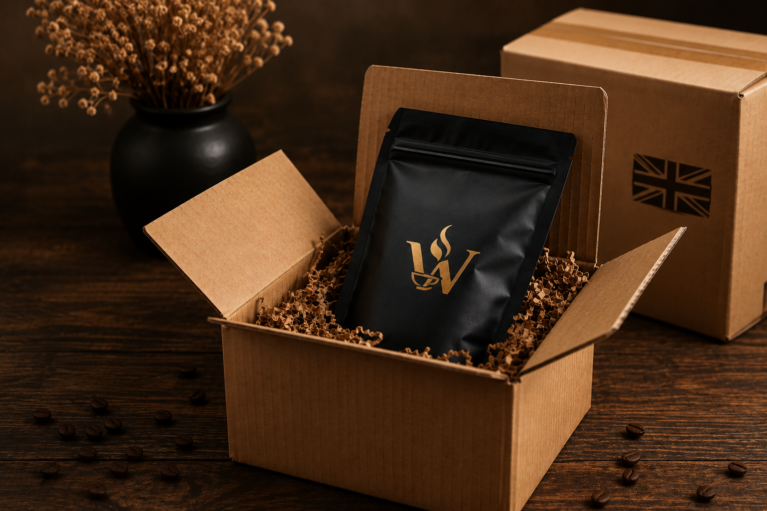 Warmery coffee pouch freshly packed in a kraft shipping box on a rustic wooden table, surrounded by sustainable packaging materials and warm ambient lighting, showcasing UK small batch coffee preparation.