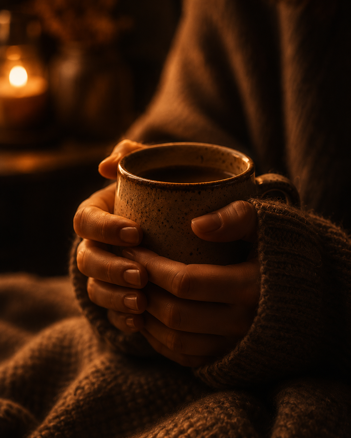 Close up of hands wrapped around a warm ceramic mug with cinematic amber lighting, soft shadows and a peaceful cosy slow living atmosphere.