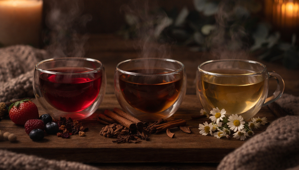 Three cups of herbal tea including fruity berry tea, spiced ember tea and chamomile in a warm cosy setting with candlelight
