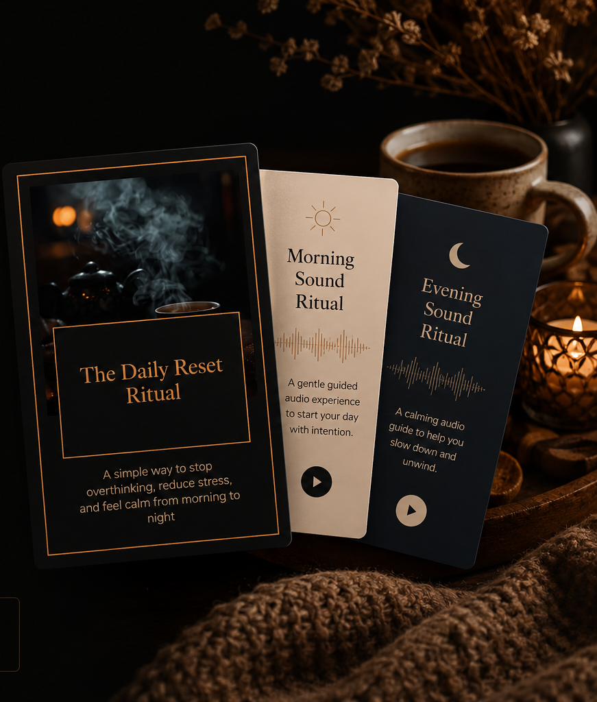 Warmery complimentary digital ritual bundle featuring The Daily Reset Ritual guide, Morning Sound Ritual and Evening Sound Ritual, included free with every tea, coffee and hot chocolate purchase.
