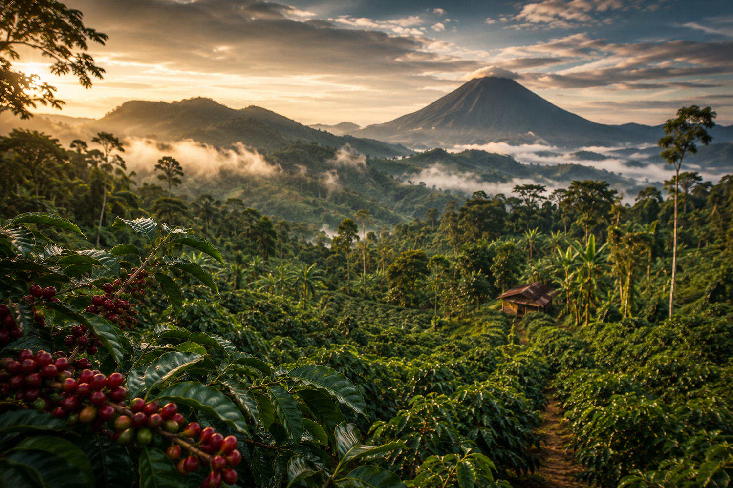 Lush Indonesian coffee plantation surrounded by tropical rainforest and mist covered volcanic mountains, showcasing rich greenery and a natural speciality coffee growing environment under soft daylight.