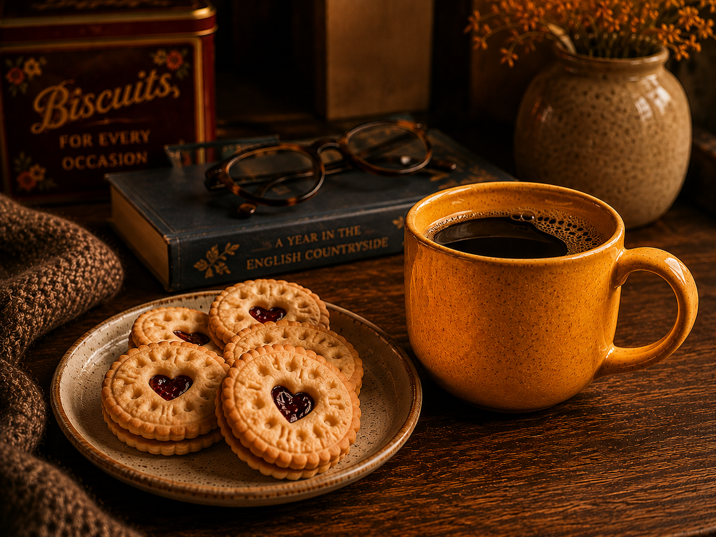 Jam filled biscuits beside a rich speciality coffee in a warm amber ceramic mug, accompanied by a book and reading glasses on a rustic wooden table, creating a cosy nostalgic British coffee break atmosphere.