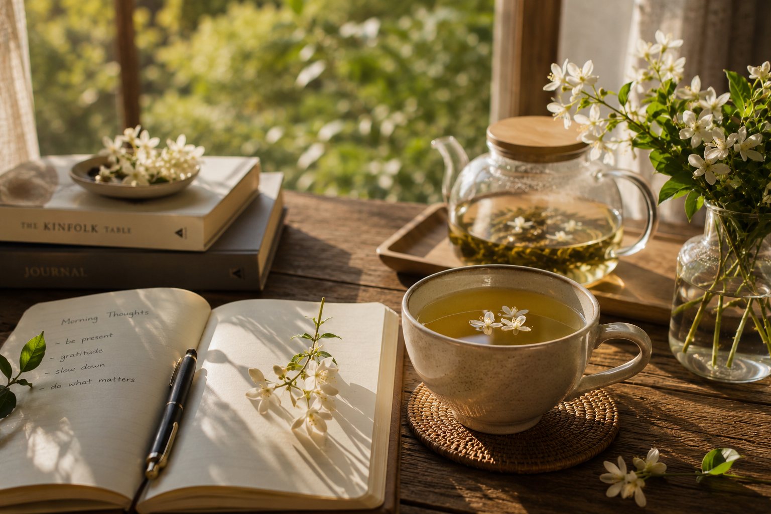 Jasmine green tea beside an open journal and fresh white flowers on a wooden desk, illuminated by warm natural light to create a calm and productive slow living workspace atmosphere.