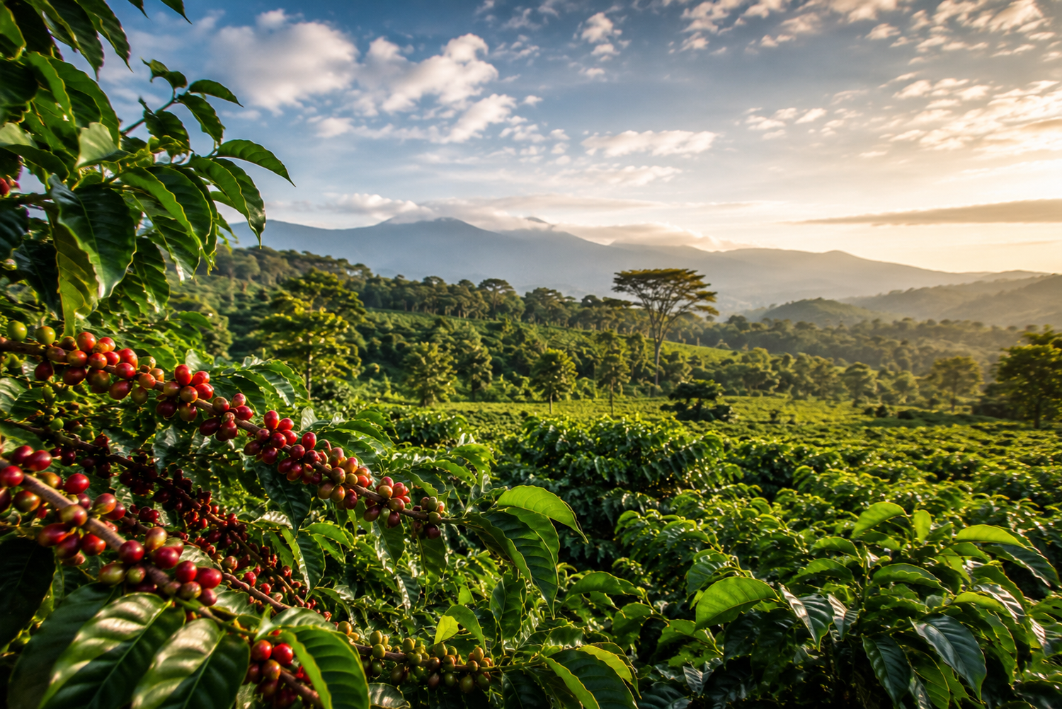 Ripe coffee cherries growing on coffee plants across a vibrant Kenyan coffee farm, surrounded by rolling green hills and distant mountains under warm sunlight, creating a luxurious speciality coffee landscape.