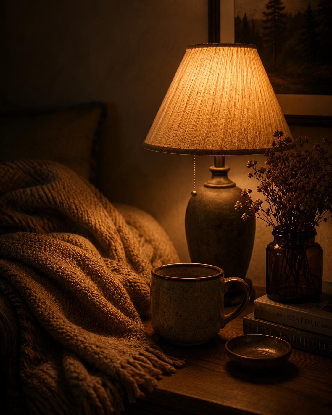 Warm lamp lighting beside a cosy blanket and ceramic mug with deep amber tones, peaceful shadows and a cinematic slow living atmosphere.
