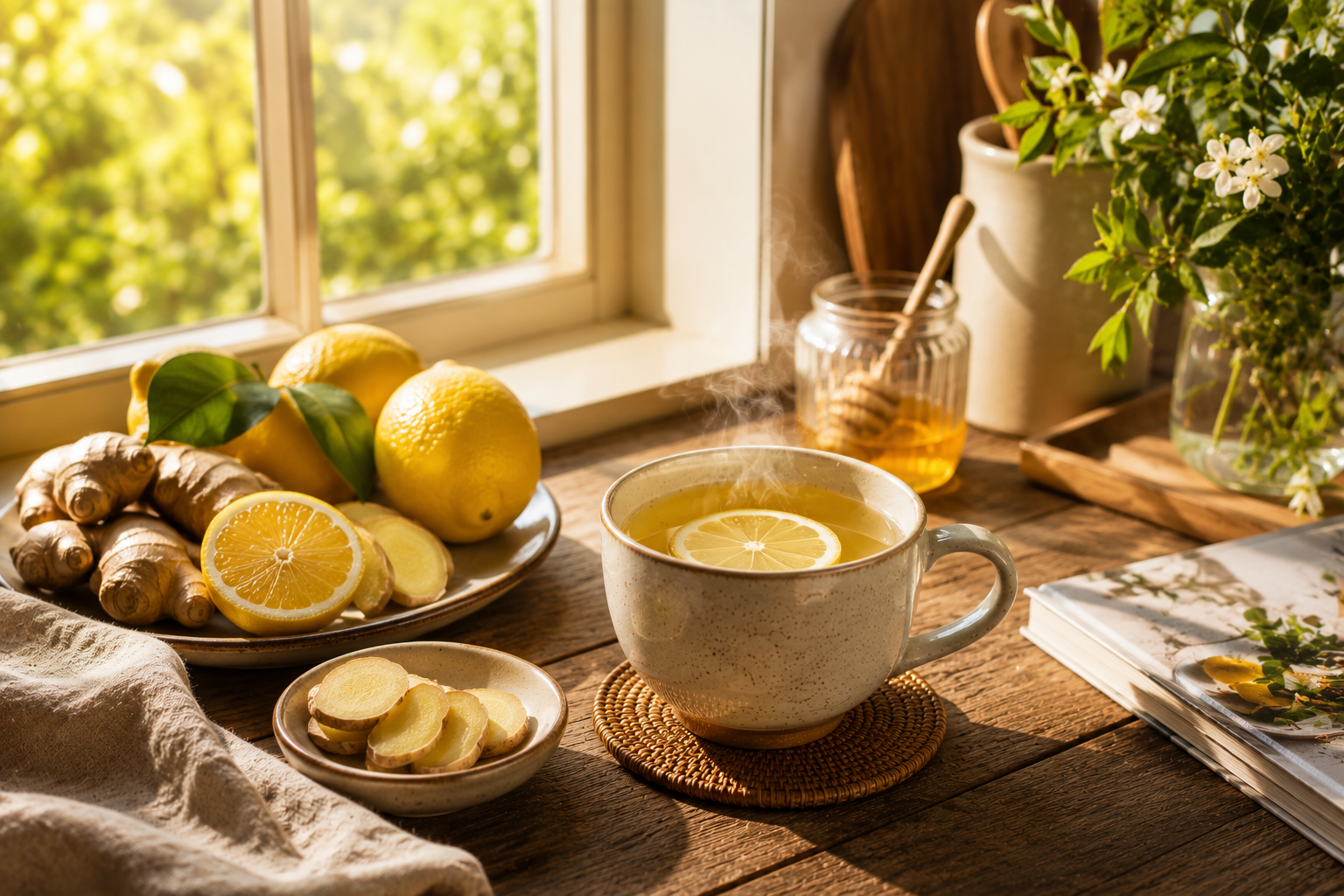 Steaming lemon and ginger tea beside a sunny kitchen window with fresh lemons, sliced ginger root and warm natural light, creating a vibrant and uplifting afternoon tea ritual atmosphere.