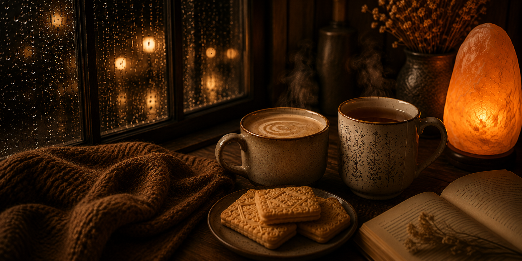 Steaming tea and coffee mugs beside a rain covered window with a glowing Himalayan salt lamp, cosy blanket, open book and biscuits, creating a warm and comforting slow living atmosphere focused on comfort, connection and stillness.