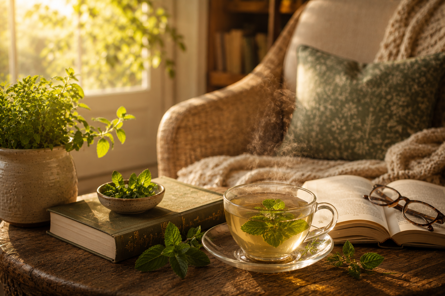 Steaming peppermint tea beside a cosy reading chair with an open book, fresh mint leaves and soft afternoon sunlight creating a peaceful and relaxing slow living atmosphere.