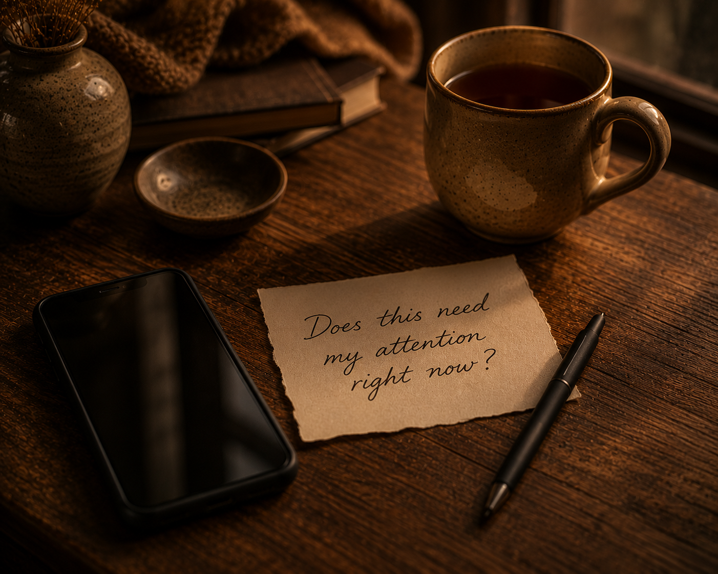 Smartphone beside a handwritten note reading "Does this need my attention right now?" on a rustic wooden table, accompanied by a golden ceramic mug, handcrafted pottery and a pen, creating a warm slow living atmosphere that encourages mindful technology use and intentional pauses.