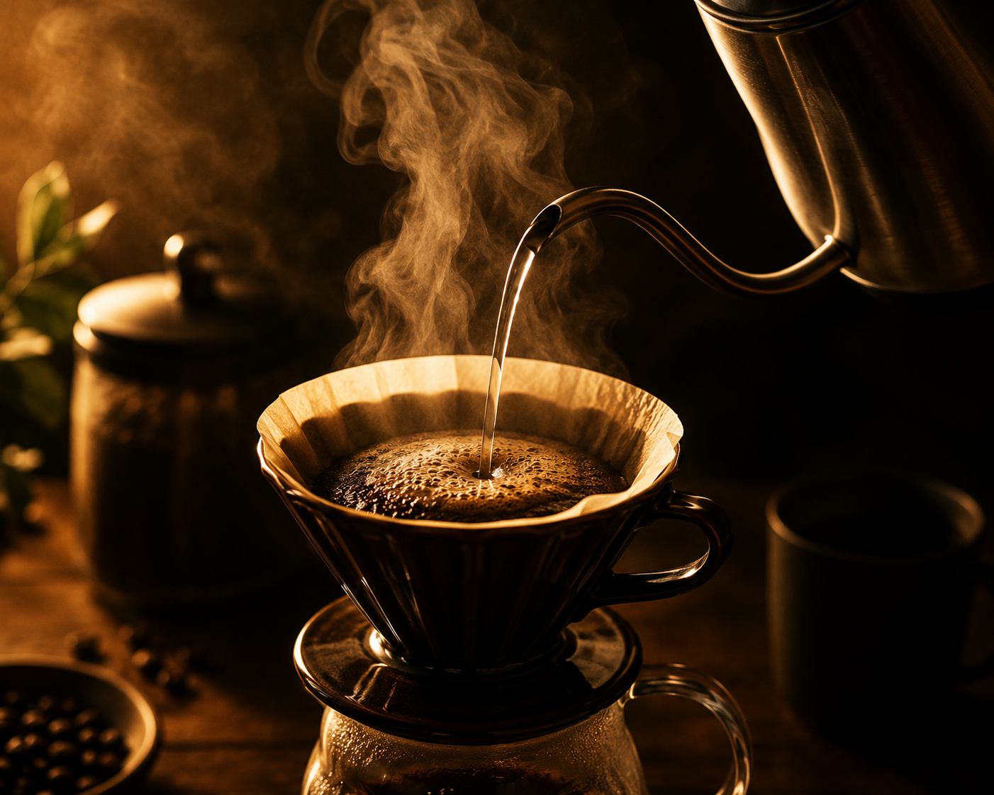Steam rising from a gooseneck kettle pouring water over freshly ground coffee in a pour over dripper, illuminated by warm golden lighting in a cinematic speciality coffee brewing scene.
