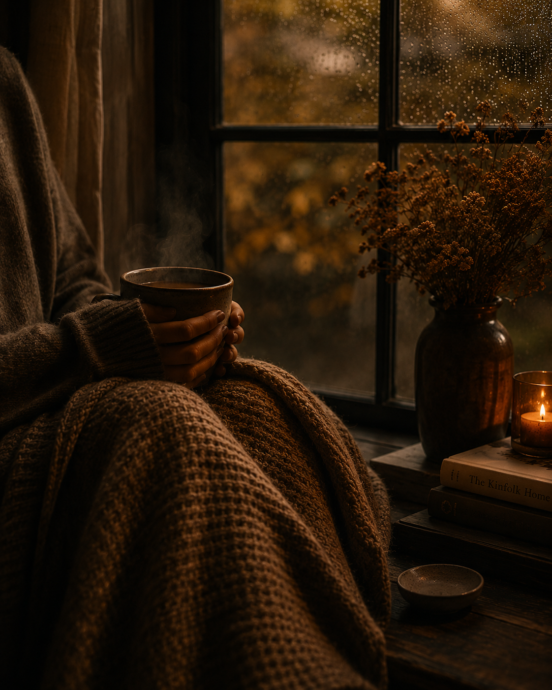 Person with no visible face quietly sitting beside a rain covered window holding tea, wrapped in a cosy blanket with warm amber lighting and peaceful slow living atmosphere.
