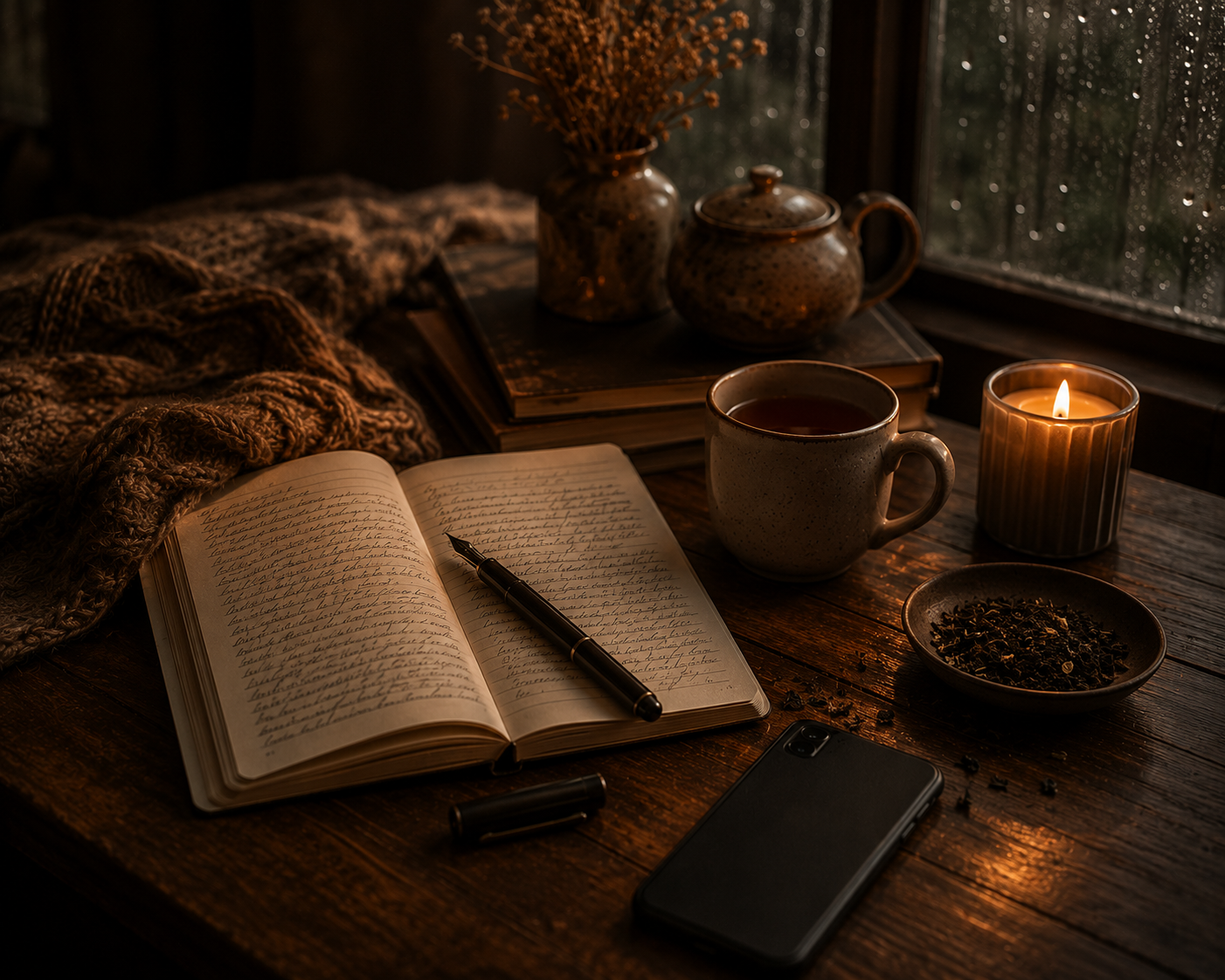 Open notebook filled with handwritten reflections beside loose leaf tea, a steaming ceramic mug, a fountain pen and a smartphone placed face down on a rustic wooden table, with warm candlelight and rain falling outside the window, creating a peaceful cinematic slow living atmosphere inspired by the Warmery aesthetic.