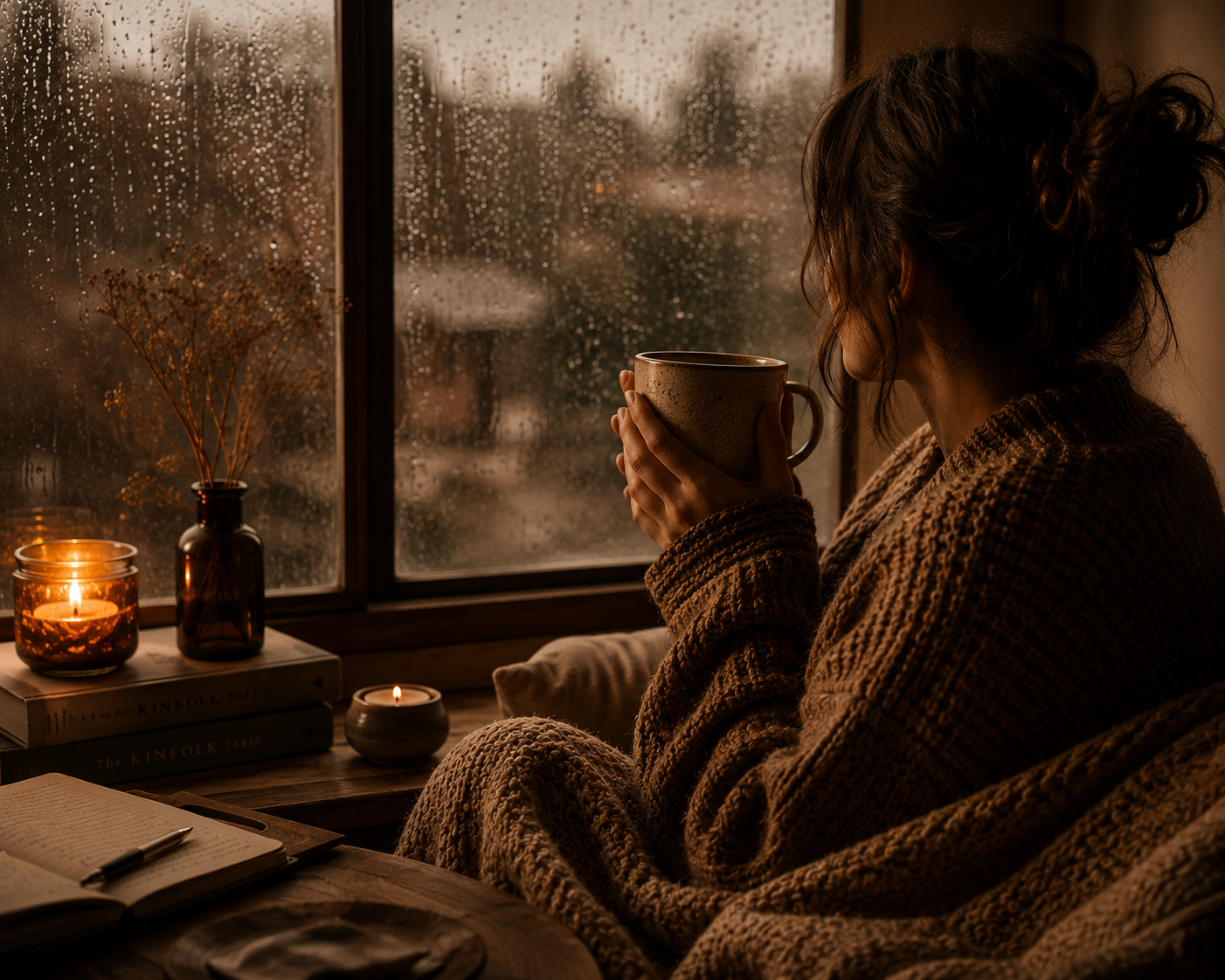 Person sitting peacefully with a coffee mug beside a rain covered window, wrapped in a cosy blanket with warm candlelight and a calming slow living Warmery atmosphere.