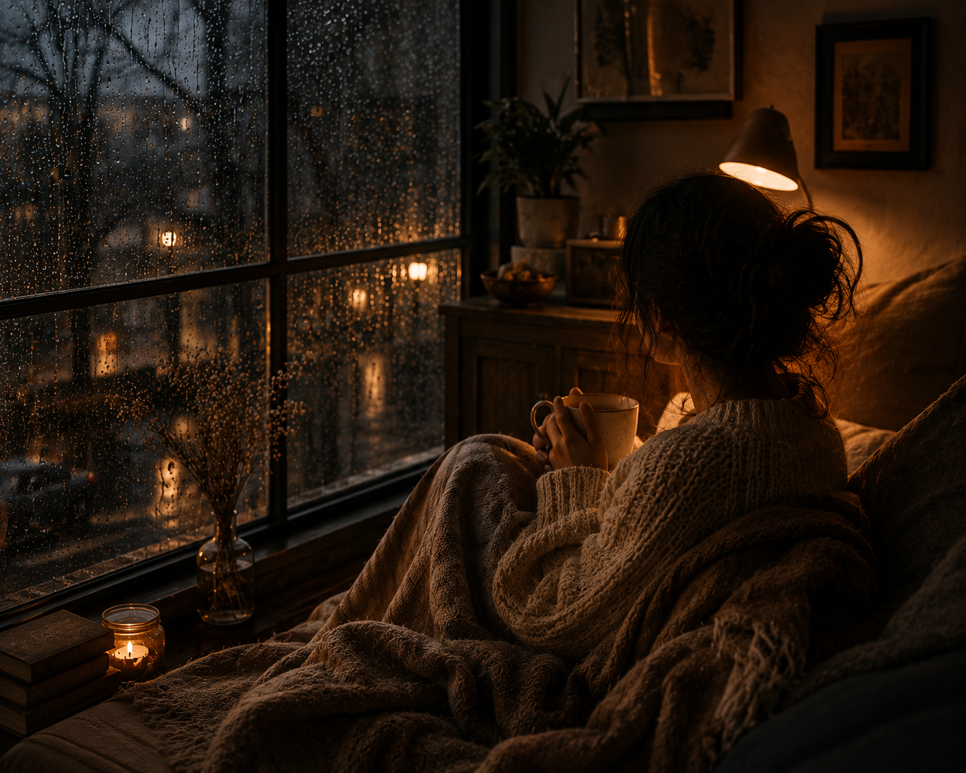 Person with no visible face wrapped in a cosy blanket holding tea beside a rain covered window, warm amber lighting and peaceful cinematic slow living atmosphere.