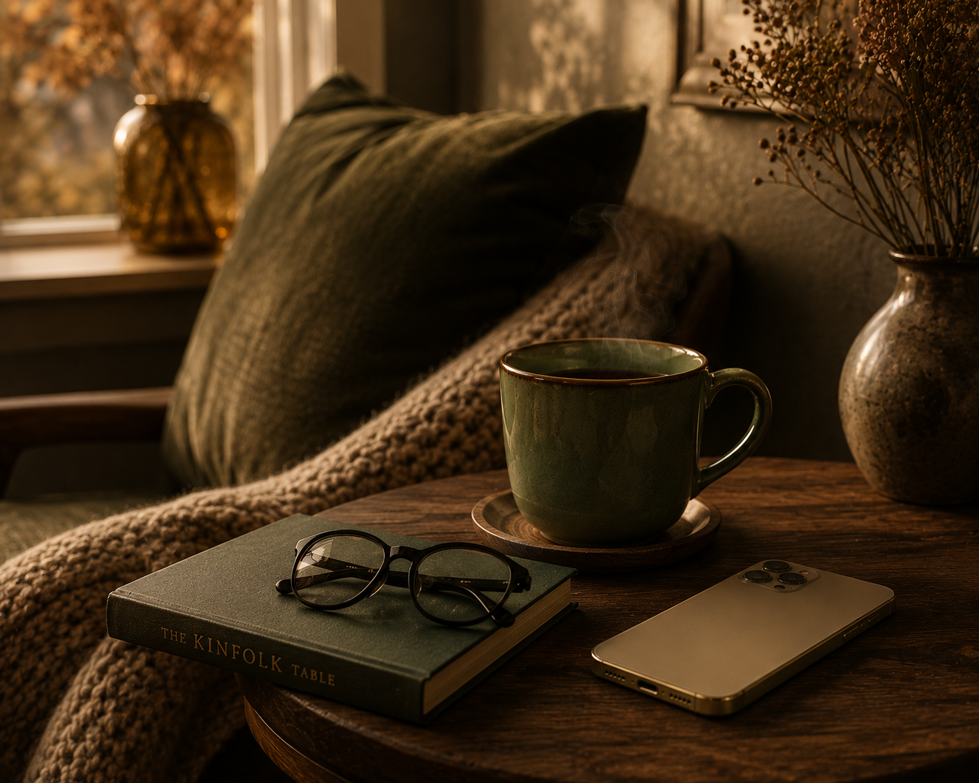 Peaceful reading corner featuring a steaming green ceramic mug of tea, a dark green hardback book, black reading glasses and a switched off gold smartphone on a rustic wooden side table, illuminated by soft afternoon light to create a warm, luxurious slow living atmosphere in the Warmery aesthetic.
