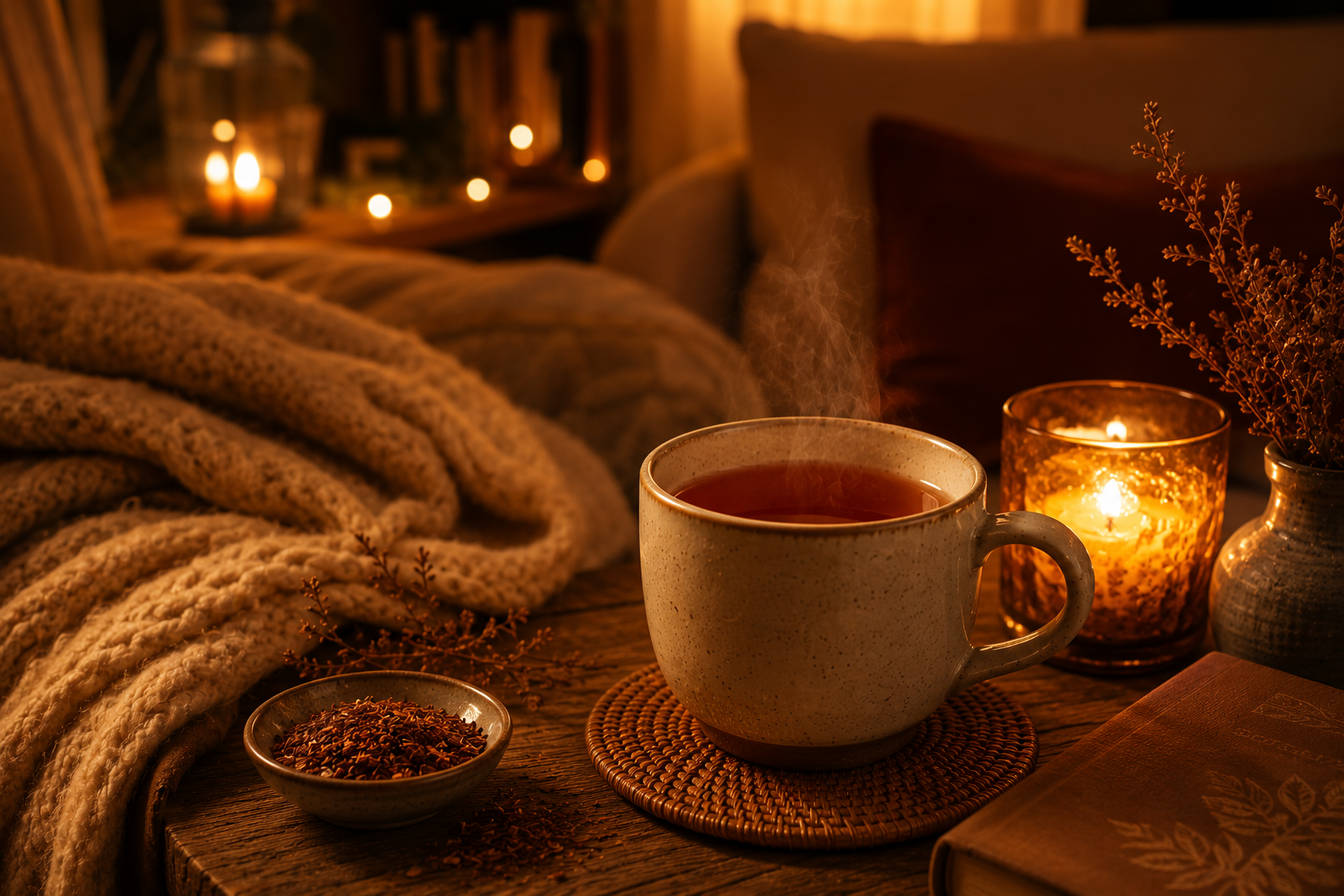 Steaming rooibos tea beside a chunky knitted blanket and warm candlelight, creating a cosy evening slow living atmosphere with rich amber tones and comforting textures.