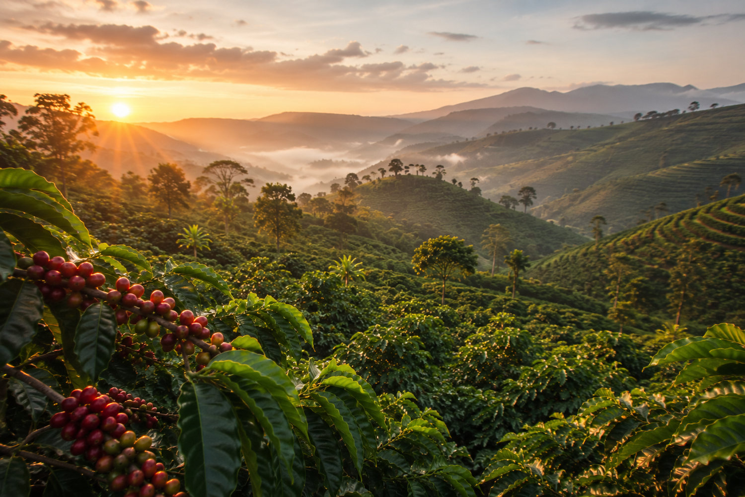 Ripe coffee cherries growing across a Rwandan coffee farm nestled among rolling green hills and misty valleys, illuminated by warm sunrise light in a premium speciality coffee landscape.