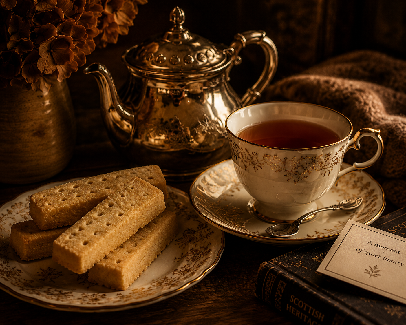 Traditional Scottish shortbread served beside a fine china cup of Earl Grey tea and an elegant teapot, illuminated by rich amber lighting and deep shadows in a luxurious British tea ritual setting.