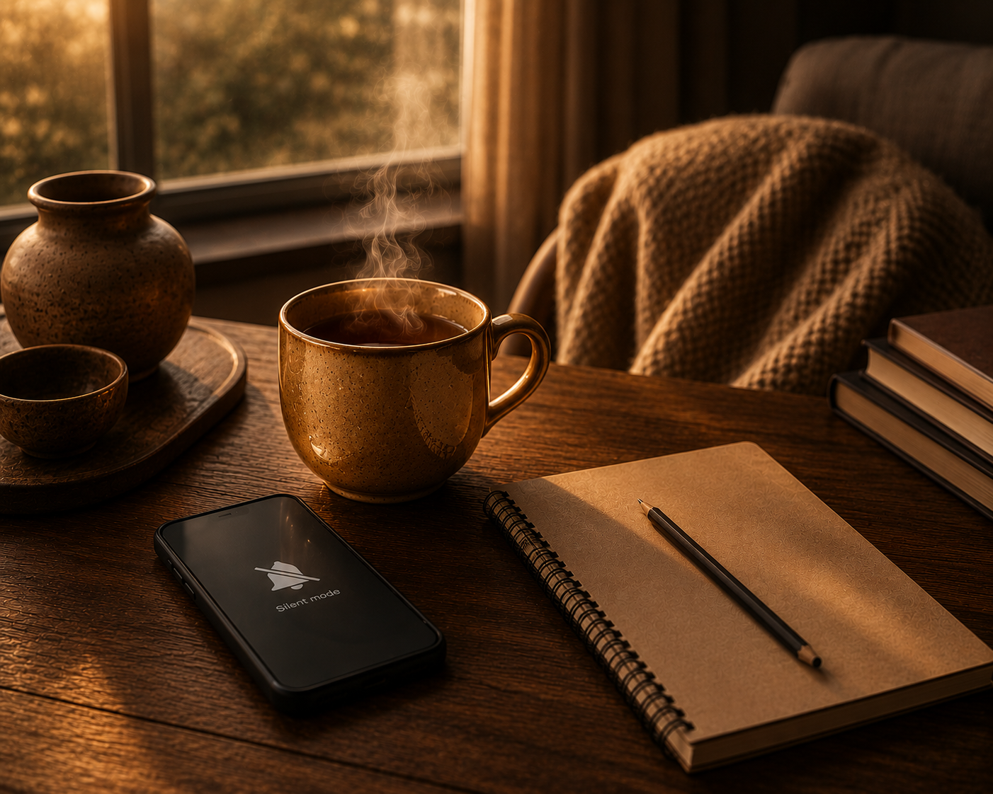 Golden ceramic mug of steaming tea beside a smartphone set to silent mode, a notebook and pencil on a rustic wooden table, with handcrafted pottery, soft morning light through the window and warm wooden textures creating a calm minimalist workspace in the Warmery slow living aesthetic.