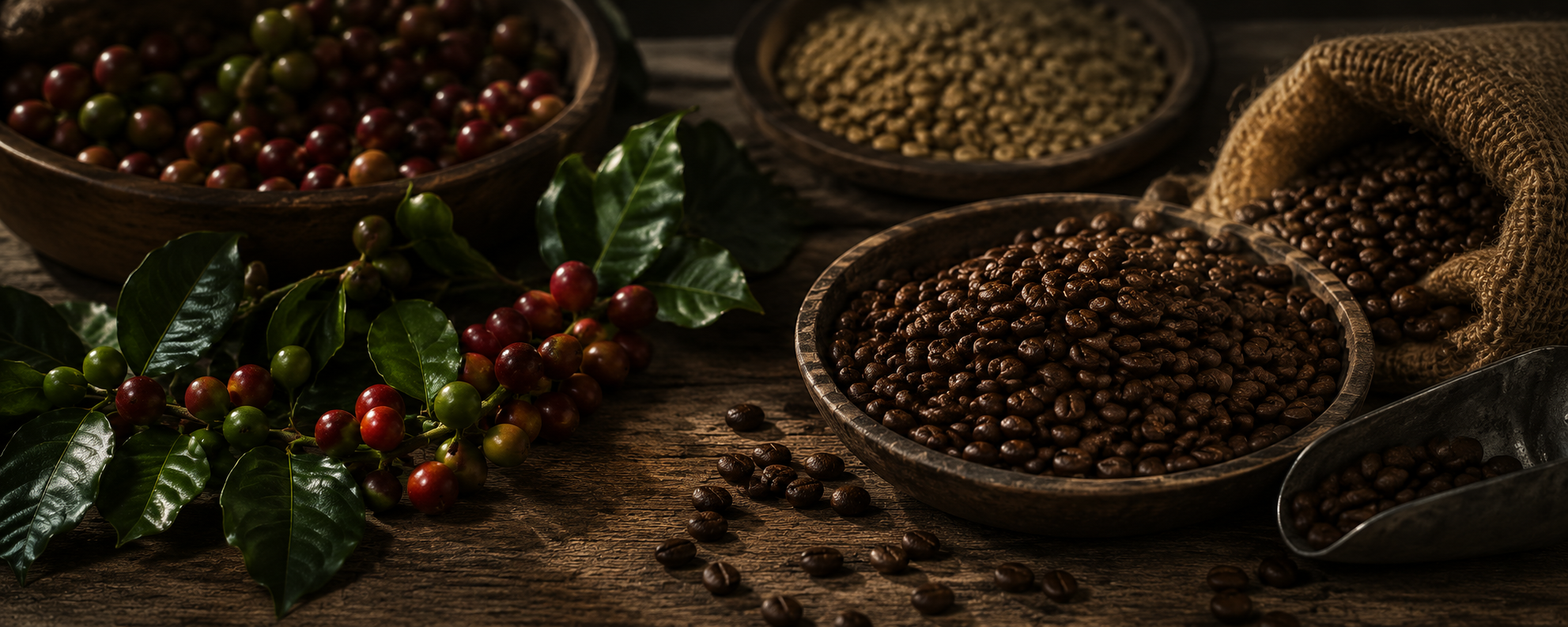 Single origin coffee cherries, green coffee beans and roasted coffee beans displayed on a rustic wooden table, showcasing the journey from harvest to cup in a warm, artisanal speciality coffee setting with rich natural textures and cinematic lighting.